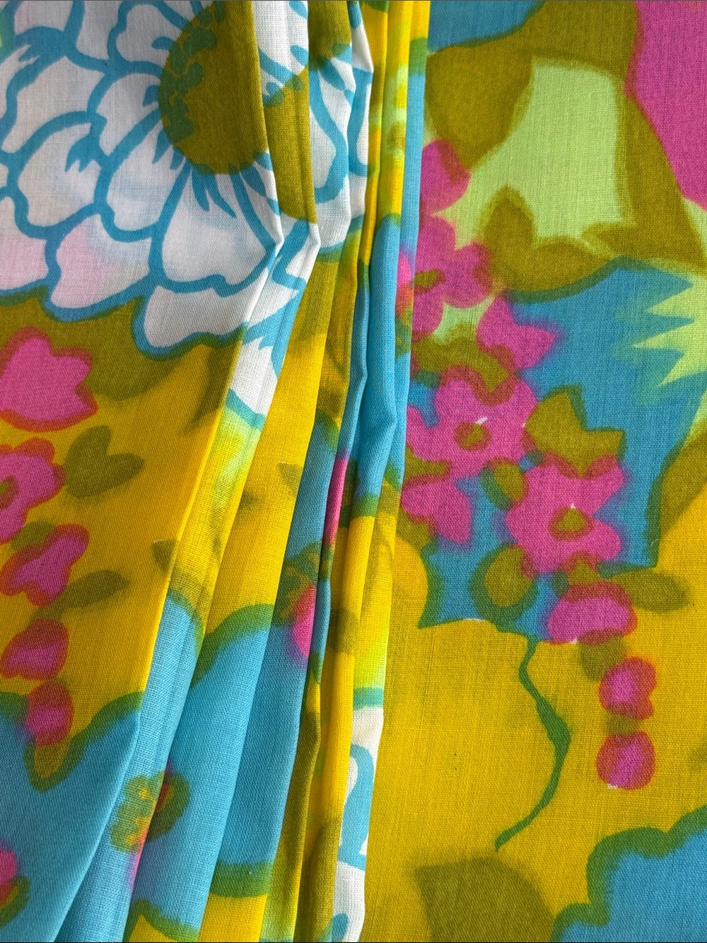 Vintage 1970s Floral Cotton Voile Organdy Fabric 2¾ Yards Blue Yellow Pink